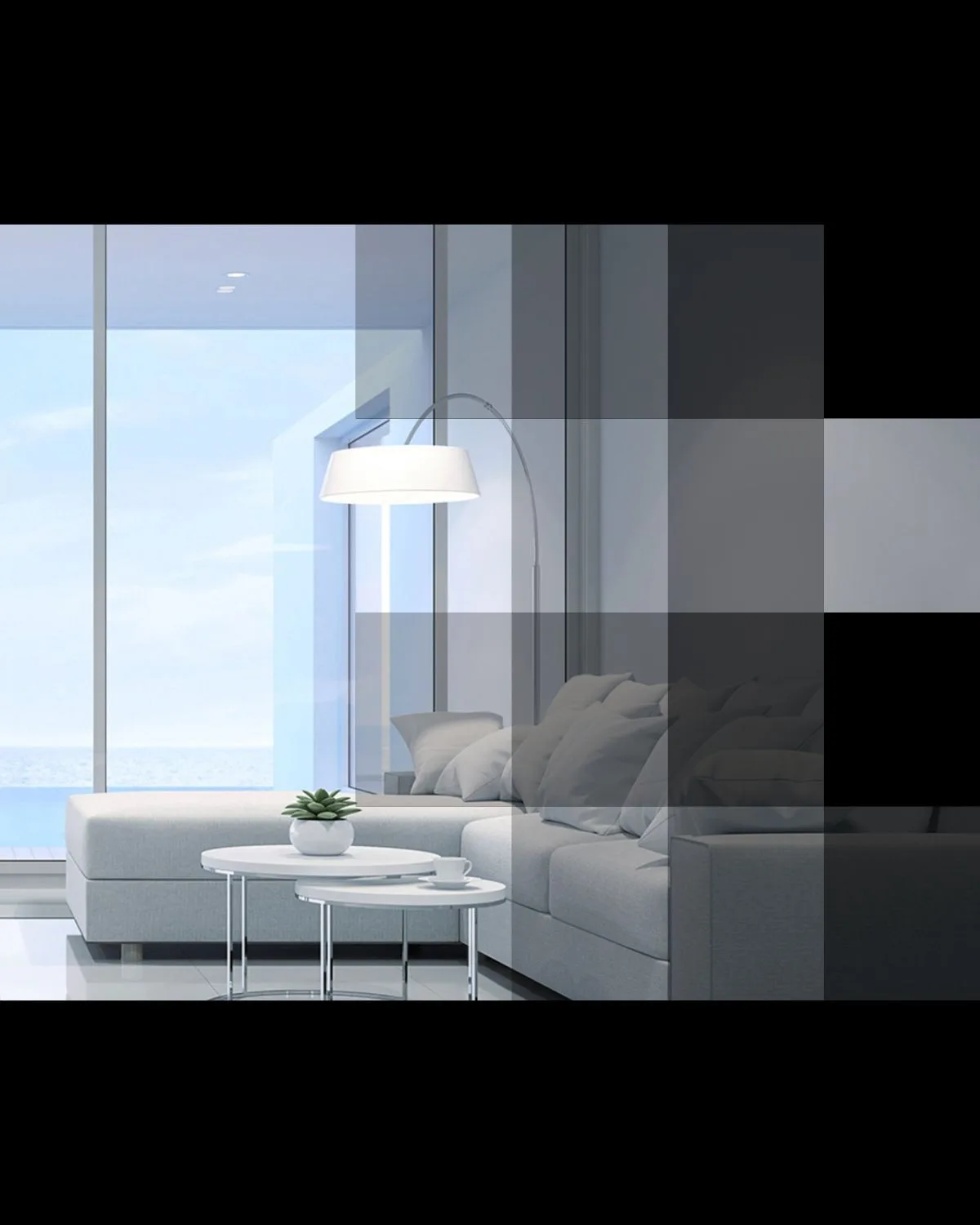 Interior framed by a full-height glazed wall