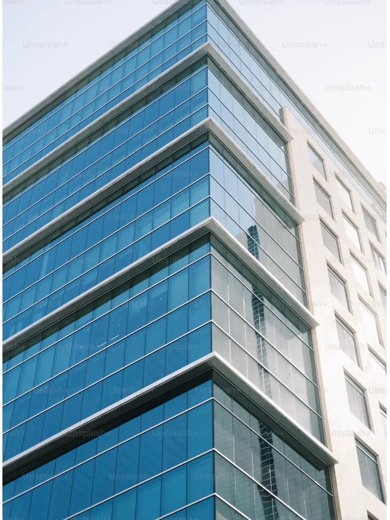 Glazed corner of a mid-rise office building